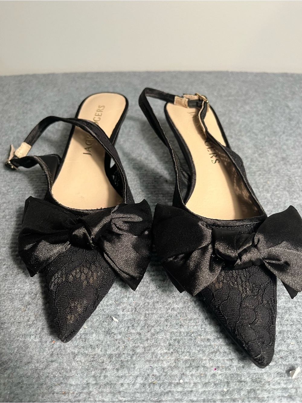 Jack Rogers Black Lace Pointed Slingback Heels with Bow